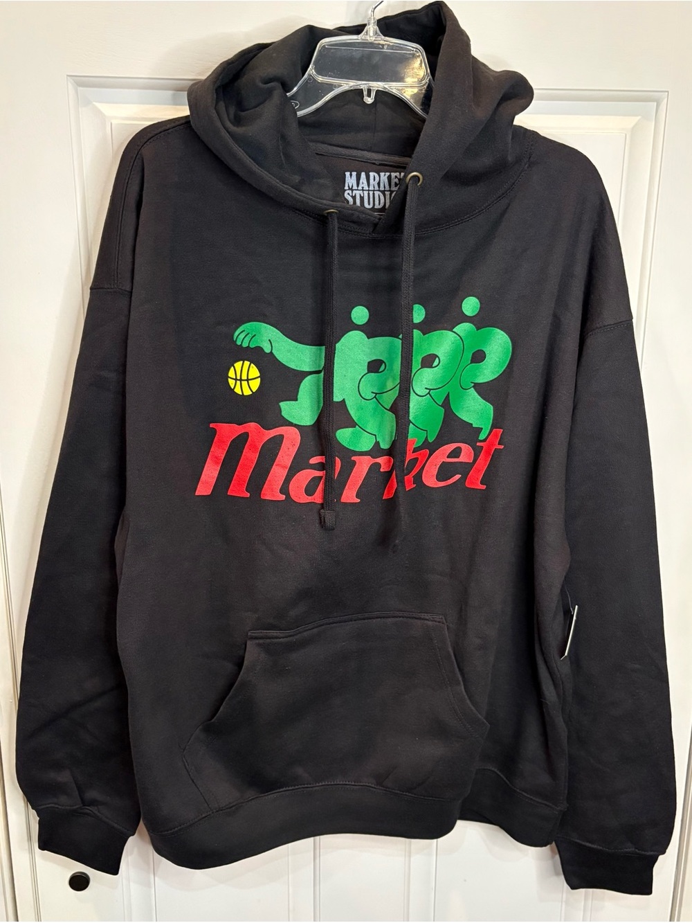 Market Studios Black Graphic Logo Pullover Hoodie XL Fleece Drawstring Pockets